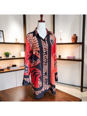 Gottex Silk Long Sleeve Tunic Blouse Abstract Print Button Front Top Size Small